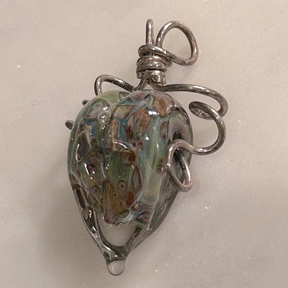 Heart Shaped Glass Blown Pendant Hand Crafted Green Blue Tan - Picture 3 of 11